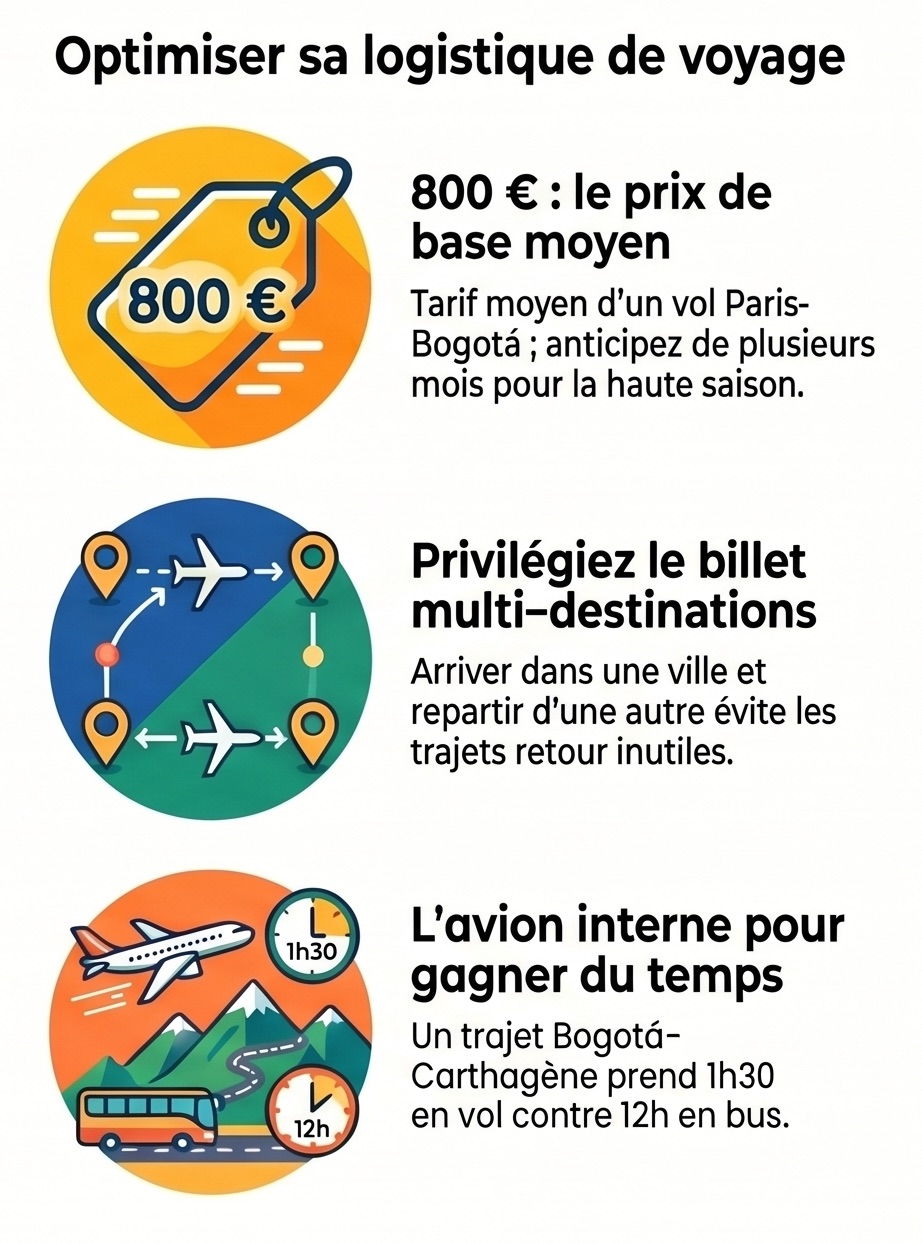 Conseils logistiques pour aller en Colombie : prix du vol, billet multi-destinations et avion interne