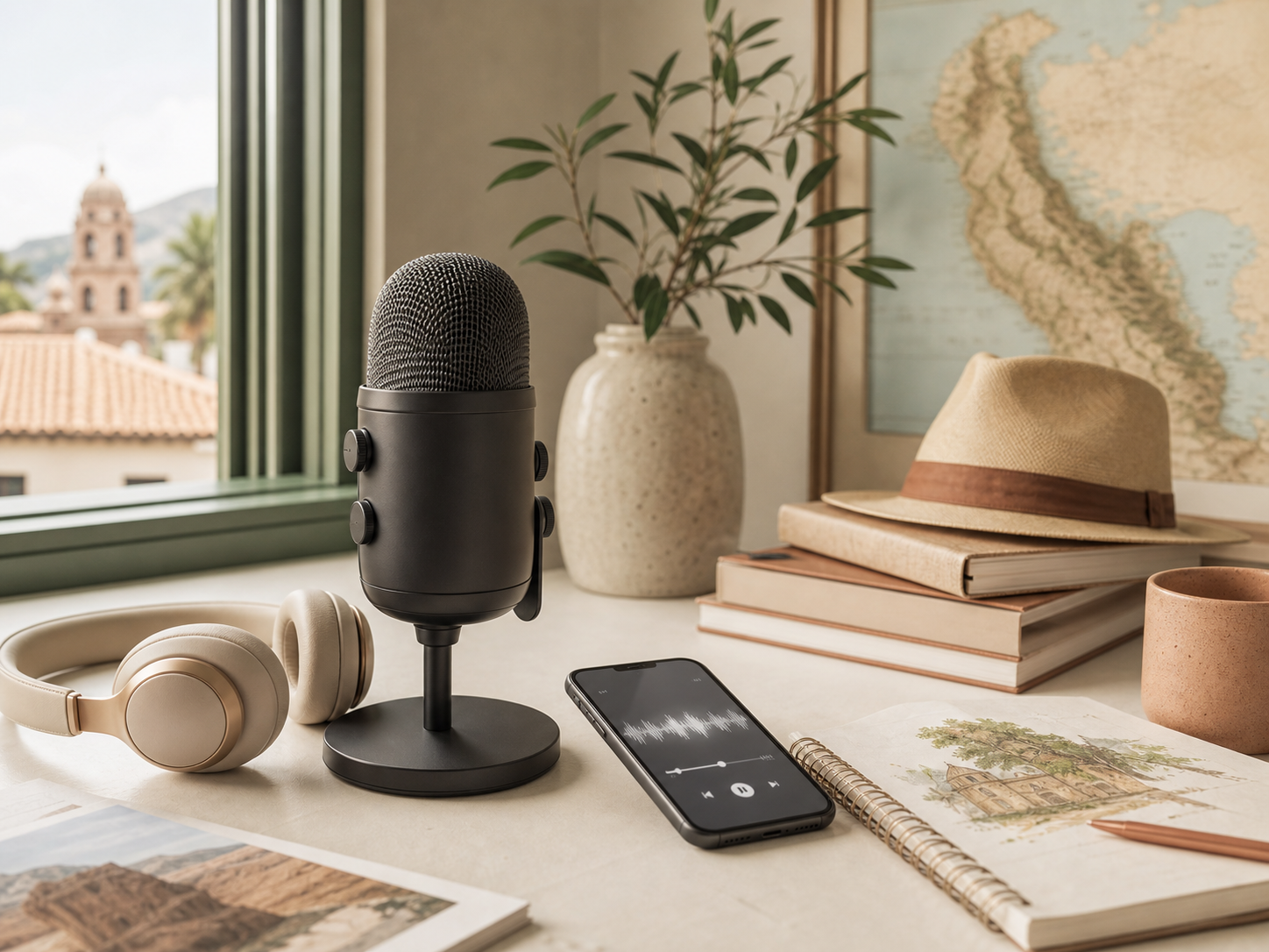 Micro de podcast, casque et téléphone pour écouter le guide audio Colombie